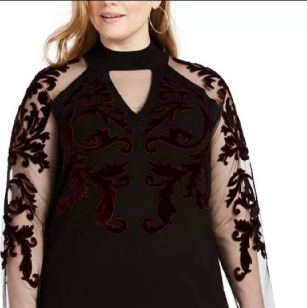 I.N.C women's pluc size velvet flocked mesh sleeve top 1X